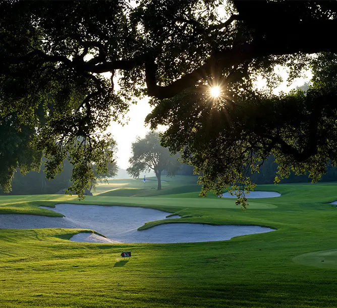 A picturesque golf course with vibrant grass and trees providing shade along the holes.