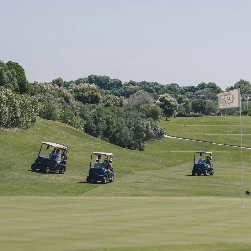 3 golf carts being driven on a fresh green golf course with dense trees and foliage on one side.