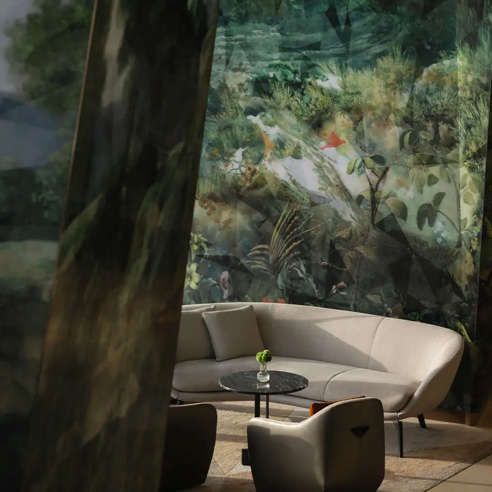 View of the stunning green floral wall motif of the SO/ Uptown Dubai lobby.