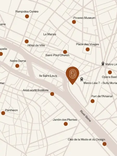 Map highlighting a central location near the River Seine. Key landmarks like Notre Dame, Pompidou Centre, and Picasso Museum are marked with brown dots.
